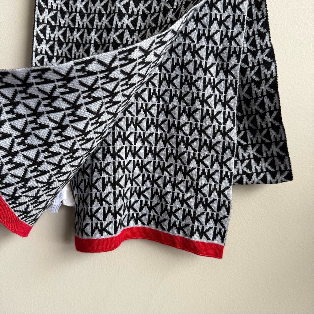 Michael Kors Black and Gray Patterned Scarf with Red Trim